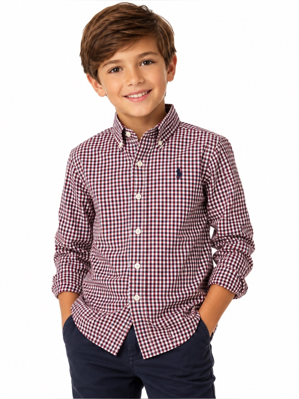 Polo Ralph Lauren Boys Plaid Button Down Shirt Red Blue White Cotton Size 7